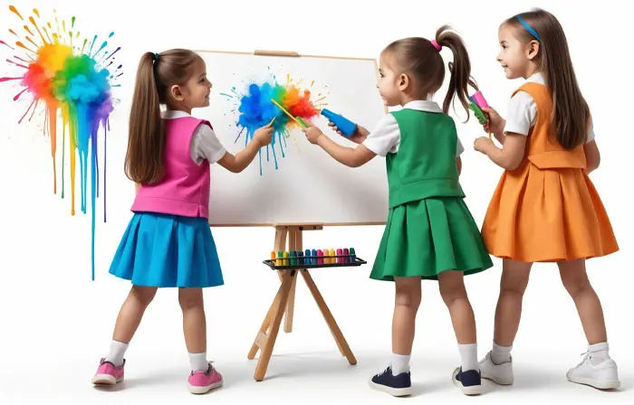 Cute Girls Playing with Colors on Board 3D Illustration